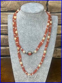Art Deco Undyed Salmon Red Coral Pearls Seed Beads Long Opera Necklace 38'' 43gr