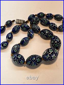 Art Deco Venetian Blue Green Matched Moretti Millefiori Glass Beads Necklace