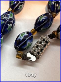 Art Deco Venetian Blue Green Matched Moretti Millefiori Glass Beads Necklace