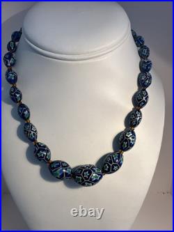 Art Deco Venetian Blue Green Matched Moretti Millefiori Glass Beads Necklace