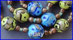 Art Deco Venetian Blue & Lime Feather Fancy Bead Glass Necklace for Restring