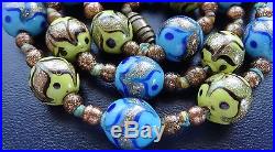 Art Deco Venetian Blue & Lime Feather Fancy Bead Glass Necklace for Restring