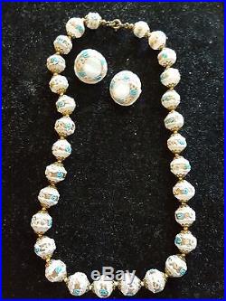 Art Deco Venetian Latticino Aventurine Beads Necklace Murano & Earrings