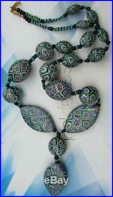 Art Deco Venetian Matched Green Cane Millefiori Beads Glass Necklace
