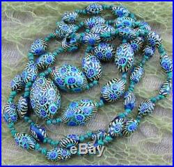 Art Deco Venetian Matched Peacock Millefiori Beads Long Glass Necklace