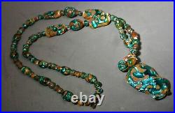 Art Deco Venetian Murano Extreme Foil Glass Bead Necklace, Green & Caramel, 26l