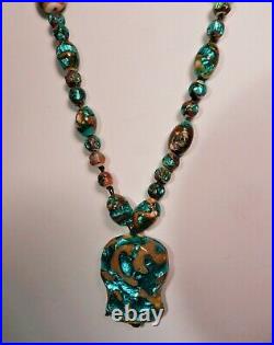 Art Deco Venetian Murano Extreme Foil Glass Bead Necklace, Green & Caramel, 26l