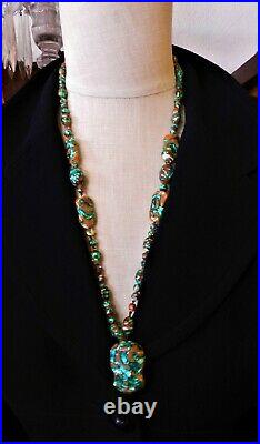 Art Deco Venetian Murano Extreme Foil Glass Bead Necklace, Green & Caramel, 26l