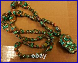 Art Deco Venetian Murano Extreme Foil Glass Bead Necklace, Green & Caramel, 26l