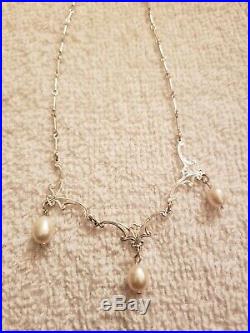 Art Deco Victorian 14k White Gold Filled Filigree Real Pearl Lavaliere Necklace