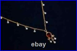 Art Deco Victorian Seed Pearls & Garnet Bezel 18K Yellow Gold Over Drop Necklace