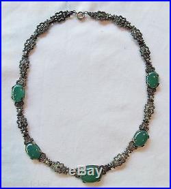 Art Deco/Victorian Sterling Silver Marcasite Green Chrysoprase Collar Necklace