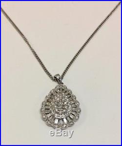 Art Deco Victorian Teardrop 9ct White Gold 1ct Diamond Necklace Pendant Chain