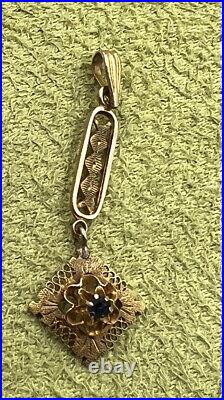 Art Deco Vintage 10k Yellow Gold Blue Sapphire Long Lavalier Necklace Pendant