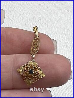 Art Deco Vintage 10k Yellow Gold Blue Sapphire Long Lavalier Necklace Pendant