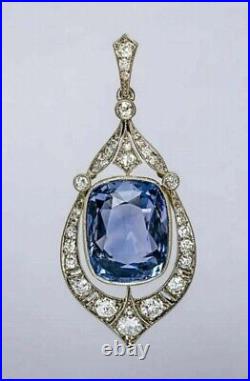 Art Deco Vintage 12.4Ct Blue Sapphire & Lab Created Diamond 925 Silver Pendant