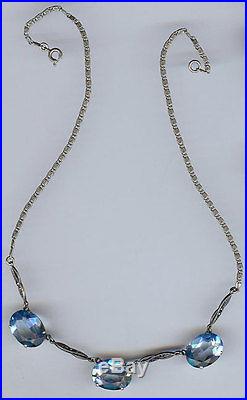Art Deco Vintage Blue Topaz Sapphire Glass Sterling Silver Marcasite Necklace