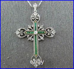 Art Deco Vintage Cross Pendant Necklace 925 Sterling Silver Lab Created Emerald