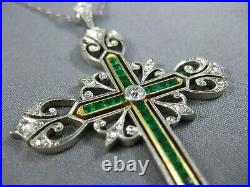 Art Deco Vintage Cross Pendant Necklace 925 Sterling Silver Lab Created Emerald