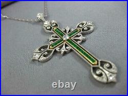 Art Deco Vintage Cross Pendant Necklace 925 Sterling Silver Lab Created Emerald