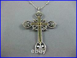 Art Deco Vintage Cross Pendant Necklace 925 Sterling Silver Lab Created Emerald