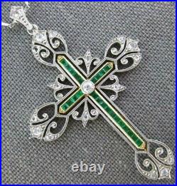 Art Deco Vintage Cross Pendant Necklace 925 Sterling Silver Lab Created Emerald