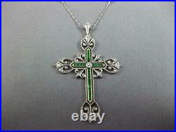 Art Deco Vintage Cross Pendant Necklace 925 Sterling Silver Lab Created Emerald