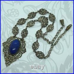 Art Deco Vintage Czech Blue Lapis Art Glass Filigree Silver Flower Necklace 16