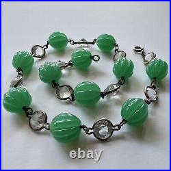 Art Deco Vintage Czech Glass Melon Bead And Bezel Set Crystal Choker Necklace