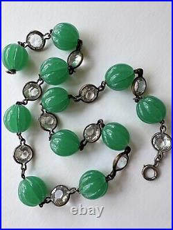 Art Deco Vintage Czech Glass Melon Bead And Bezel Set Crystal Choker Necklace