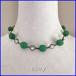 Art Deco Vintage Czech Glass Melon Bead And Bezel Set Crystal Choker Necklace