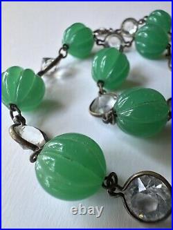 Art Deco Vintage Czech Glass Melon Bead And Bezel Set Crystal Choker Necklace