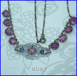 Art Deco Vintage Czech Open Back Bezel Amethyst Glass Enamel Silver Necklace