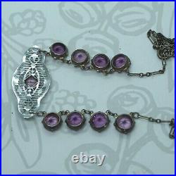 Art Deco Vintage Czech Open Back Bezel Amethyst Glass Enamel Silver Necklace