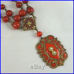 Art Deco Vintage Czech Red Enamel Flower Brass Sautoir Dangle Necklace 16.75