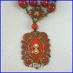Art Deco Vintage Czech Red Enamel Flower Brass Sautoir Dangle Necklace 16.75
