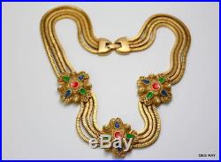 Art Deco Vintage Egyptian Revival Enamel Brass Triple Snake Chain Necklace