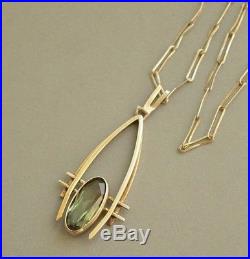 Art Deco Vintage Gilded 835 Solid Silver Green Tourmaline NECKLACE Signed