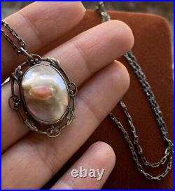 Art Deco Vintage Sterling Silver Blister Pearl Abalone Shell Pendant Necklace