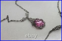 Art Deco Vintage Sterling Silver Filigree Paper clip Pink paste chain necklace