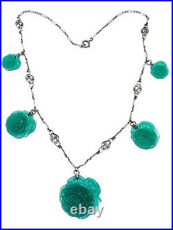 Art Deco Vintage Sterling Silver Molded Green Glass Rose Necklace