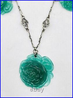 Art Deco Vintage Sterling Silver Molded Green Glass Rose Necklace