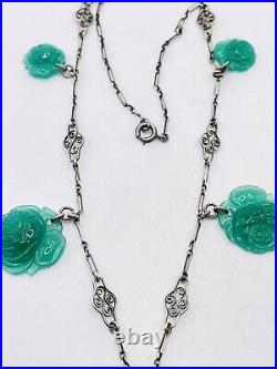 Art Deco Vintage Sterling Silver Molded Green Glass Rose Necklace