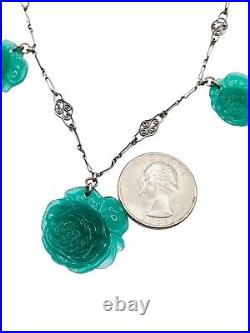 Art Deco Vintage Sterling Silver Molded Green Glass Rose Necklace