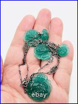 Art Deco Vintage Sterling Silver Molded Green Glass Rose Necklace