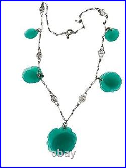 Art Deco Vintage Sterling Silver Molded Green Glass Rose Necklace