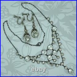 Art Deco Vintage Sterling Silver Open Back Bezel Paste Stone Bib Necklace +Ears