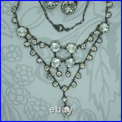 Art Deco Vintage Sterling Silver Open Back Bezel Paste Stone Bib Necklace +Ears