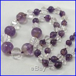 Art Deco Vtg Sterling Amethyst Rock Crystal Quartz Bead Gemstone Necklace 21.5