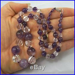 Art Deco Vtg Sterling Amethyst Rock Crystal Quartz Bead Gemstone Necklace 21.5